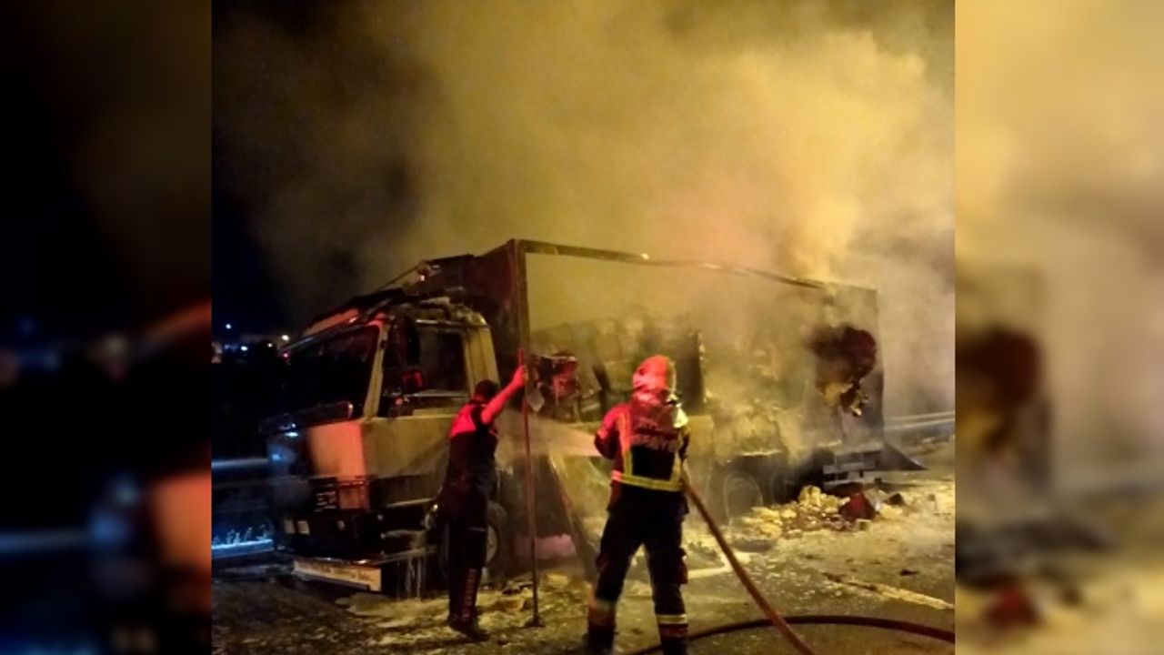 Gıda malzemesi yüklü kamyon küle döndü
