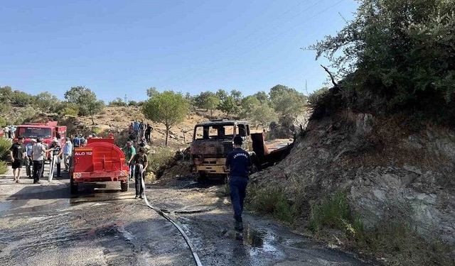 Karpuzlu'da park halindeki kamyon tamamen yandı
